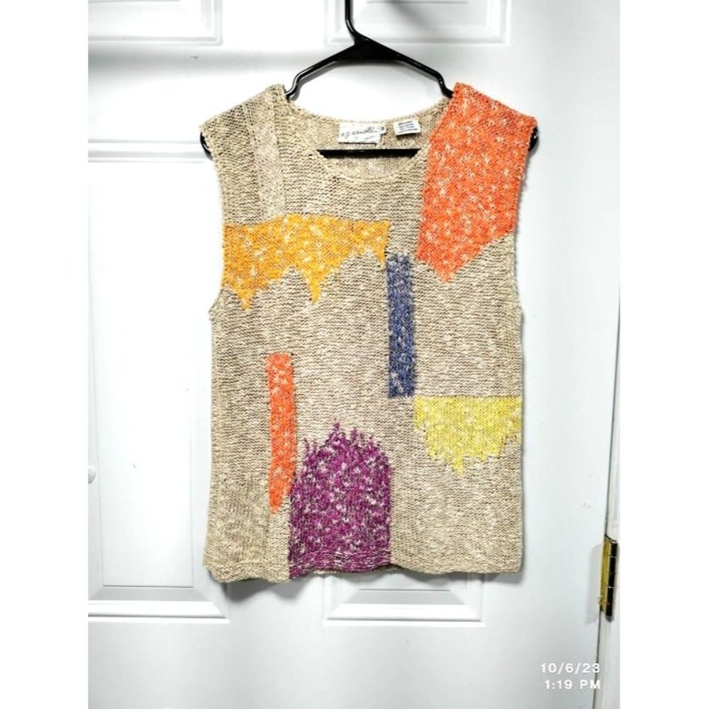 r.g. Arnold Vintage 80's Linen Blend Crochet Tank Top Colorblock Women Medium - Picture 2 of 9